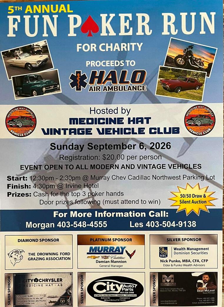 Medicine Hat Vintage Vehicle Club Fun Poker Run event at Murray Chev Cadillac in Medicine Hat, AB on September 6, 2026
