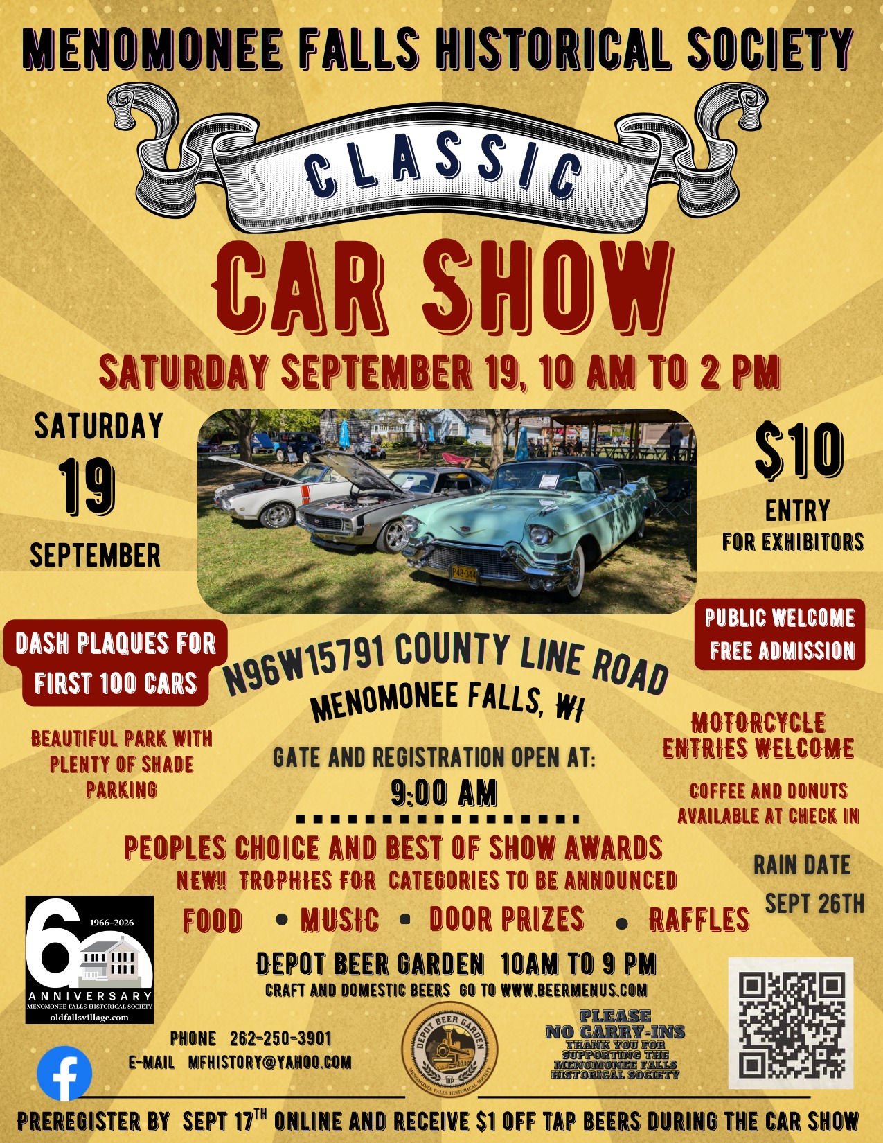 Menomonee Falls Historical Society Classic Car Show event at N96W15791 County Line Road in Menomonee Falls, WI on September 19, 2026