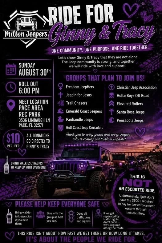 Milton Jeepers Ride for Ginny & Tracy event at Pace Area Rec Park in Pace, FL on August 30, 2026