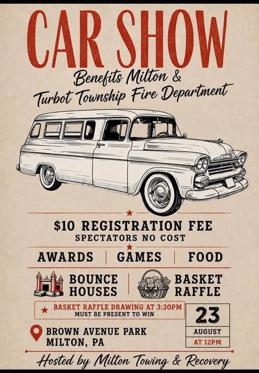 Milton & Turbot Township Fire Department Car Show event at Brown Avenue Park in Milton, PA on August 23, 2026