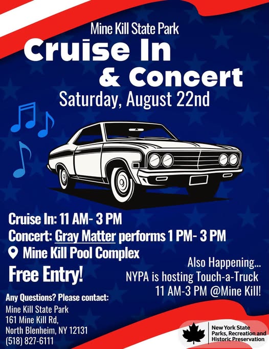 Mine Kill State Park Cruise in & Concert event at Mine Kill State Park in North Blenheim, NY on August 22, 2026