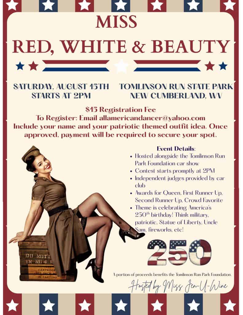 Miss Red, White & Beauty Pinup Contest event at Tomlinson Run State Park in New Cumberland, WV on August 15, 2026