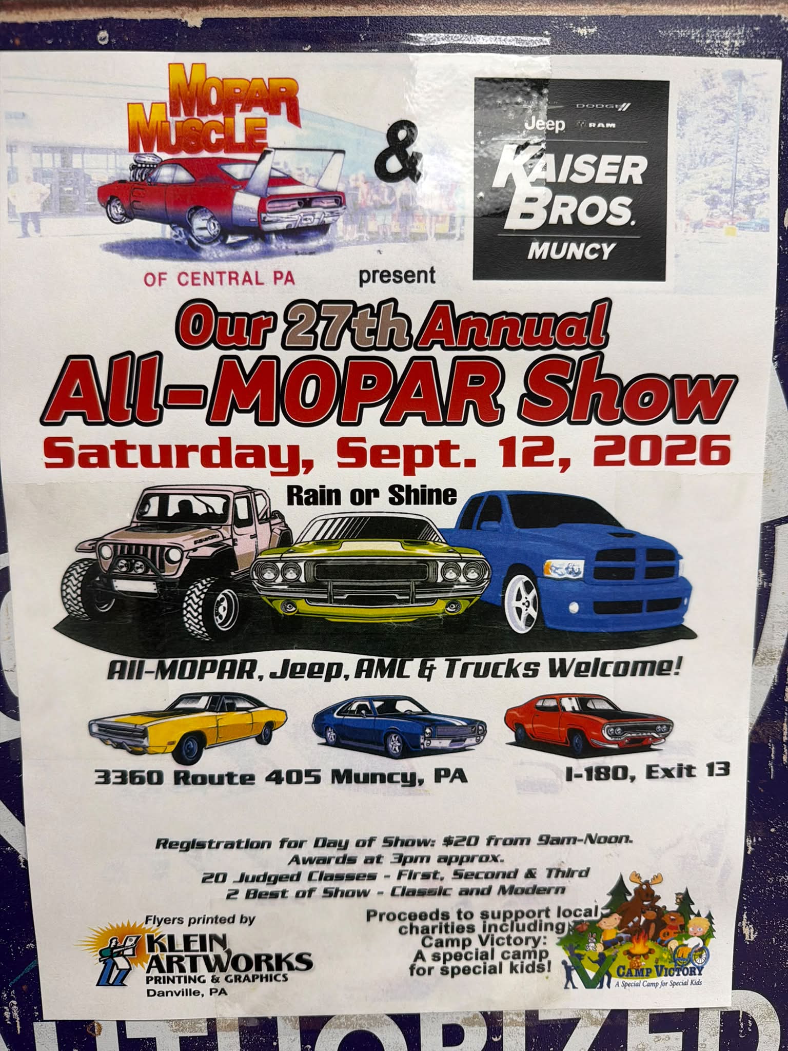 Mopar Muscle of Central PA 27th Annual All-MOPAR Show event at Kaiser Bros. in Muncy, PA on September 12, 2026