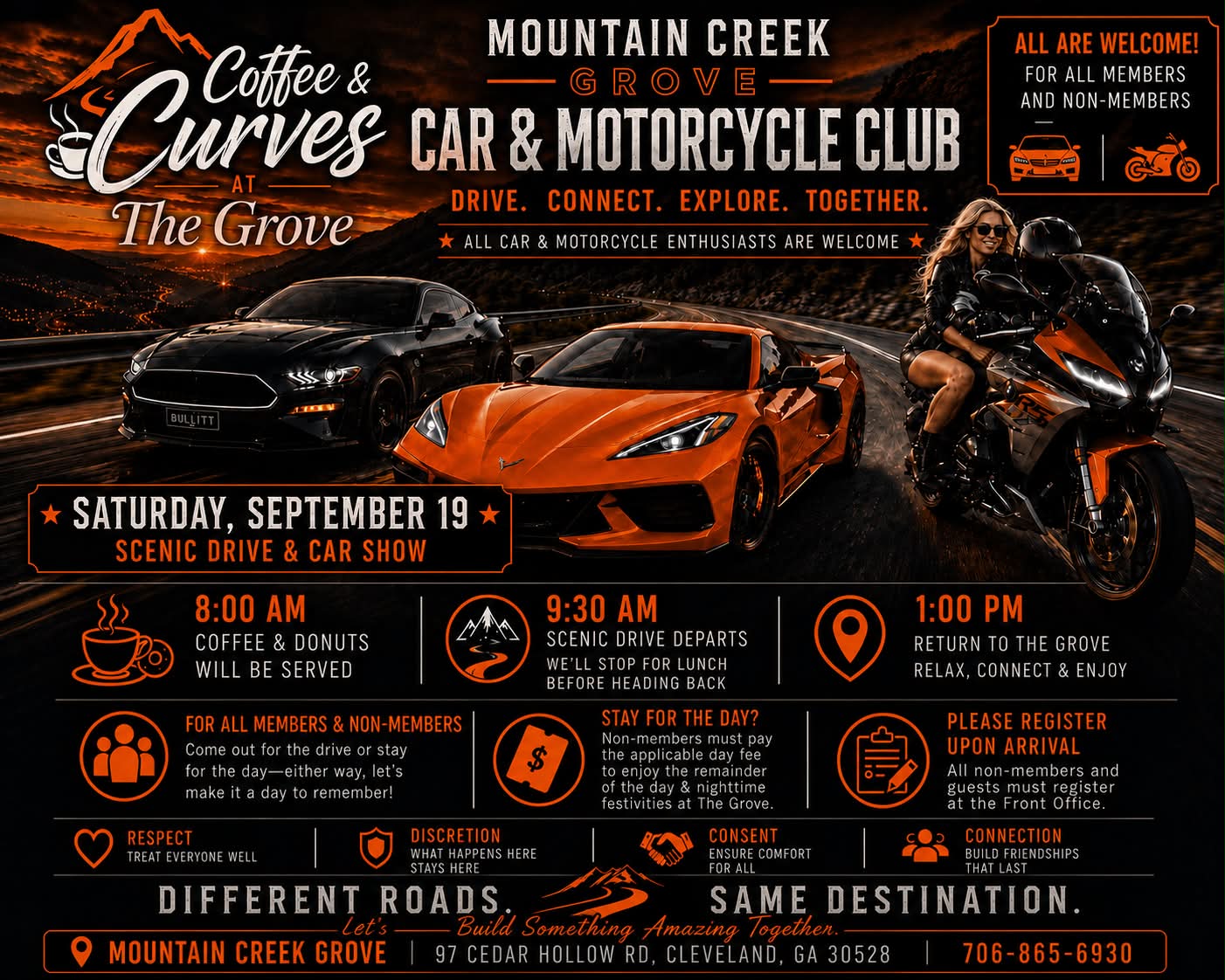 Mountain Creek Grove Car & Motorcycle Club Coffee & Curves event at Mountain Creek Grove in Cleveland, GA on September 19, 2026