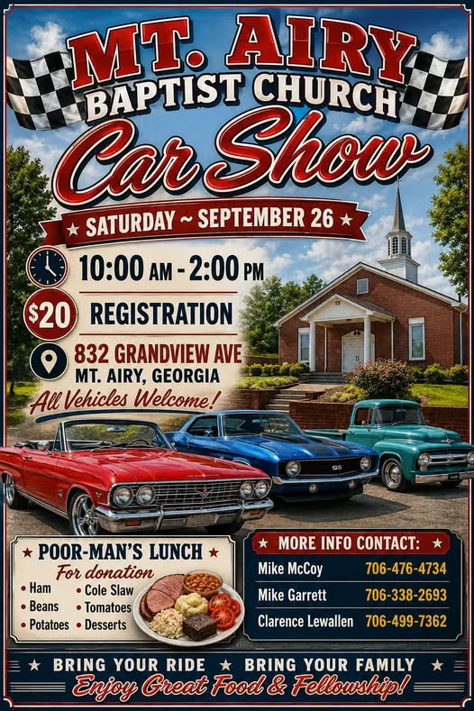 Mt. Airy Baptist Church Car Show event at Mt. Airy Baptist Church in Mt. Airy, GA on September 26, 2026