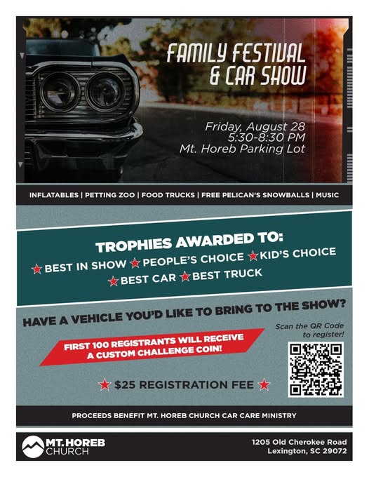 Mt. Horeb Church Family Festival & Car Show event at Mt. Horeb Parking Lot in Lexington, SC on August 28, 2026