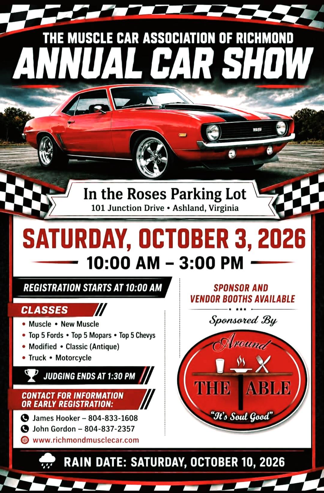 Muscle Car Association of Richmond Annual Car Show event at Roses Parking Lot in Ashland, VA on October 3, 2026