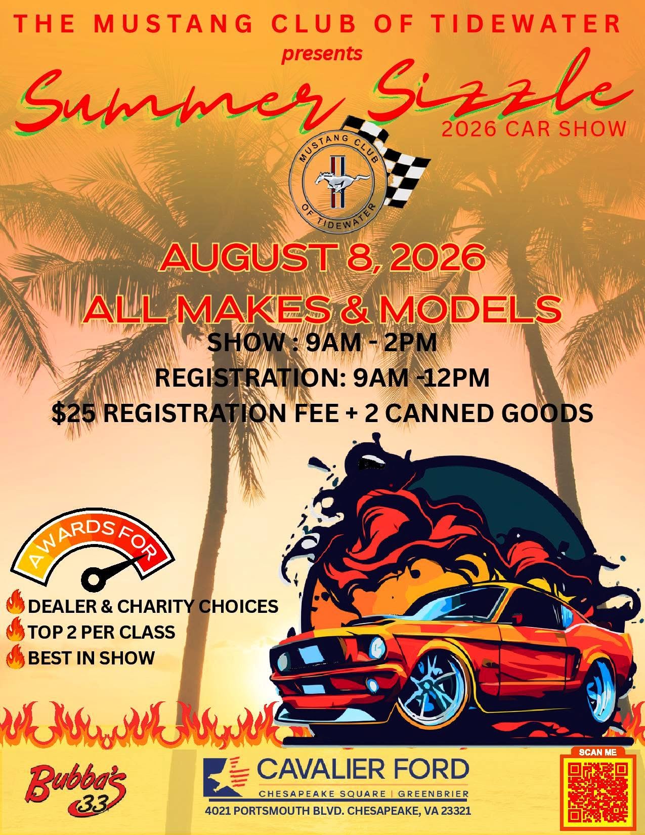 Mustang Club of Tidewater Summer Sizzle Car Show event at Cavalier Ford in Chesapeake, VA on August 8, 2026