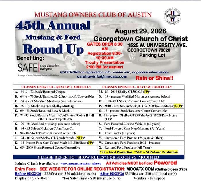 Mustang Owners Club of Austin 45th Annual Mustang & Ford Round up event at Georgetown Church of Christ in Georgetown, TX on August 29, 2026