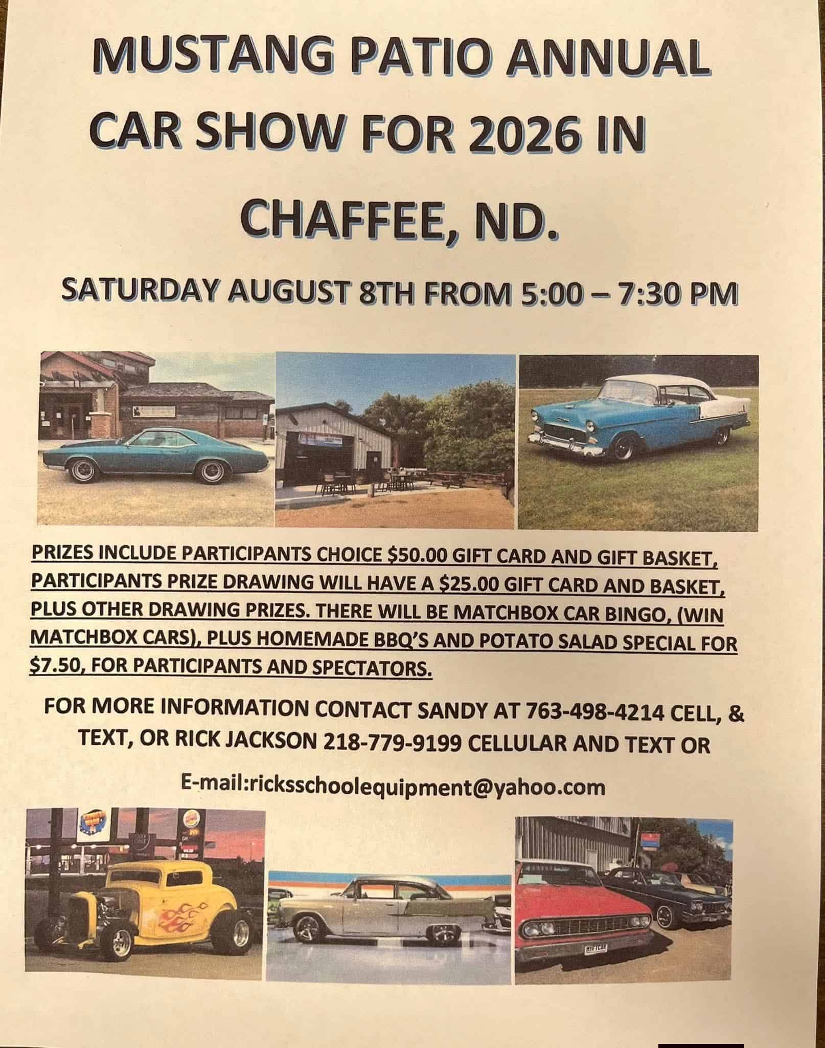 Mustang Patio Annual Car Show event at Bronco Bar in Chaffee, ND on August 8, 2026
