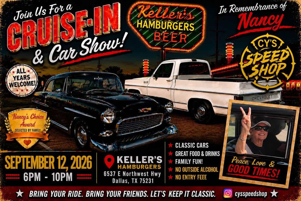 Nancy Childress Memorial Cruise-In & Car Show event at Keller's Hamburgers in Dallas, TX on September 12, 2026