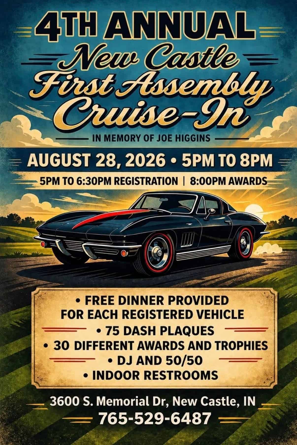 New Castle First Assembly 4th Annual Cruise-In event at New Castle First Assembly in New Castle, IN on August 28, 2026