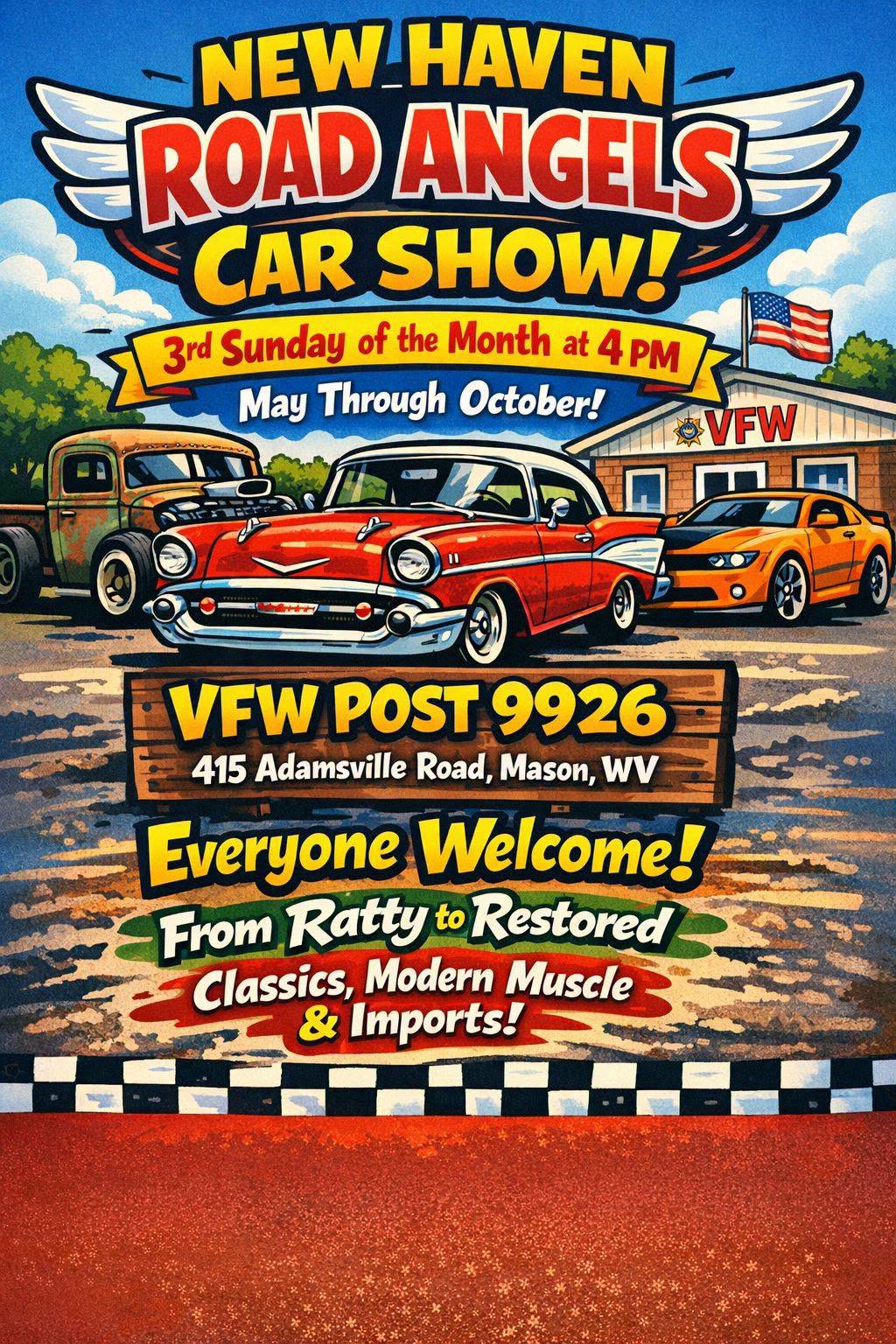 New Haven Road Angels Car Show event at VFW Post 9926 in Mason, WV on August 16, 2026