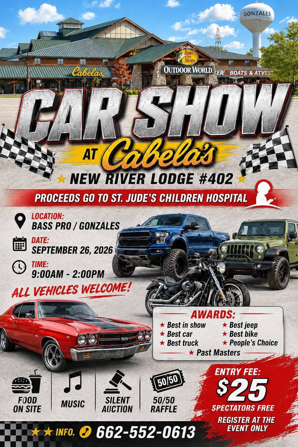 New River Lodge #402 Car Show event at Bass Pro/Cabela's in Gonzales, LA on September 26, 2026
