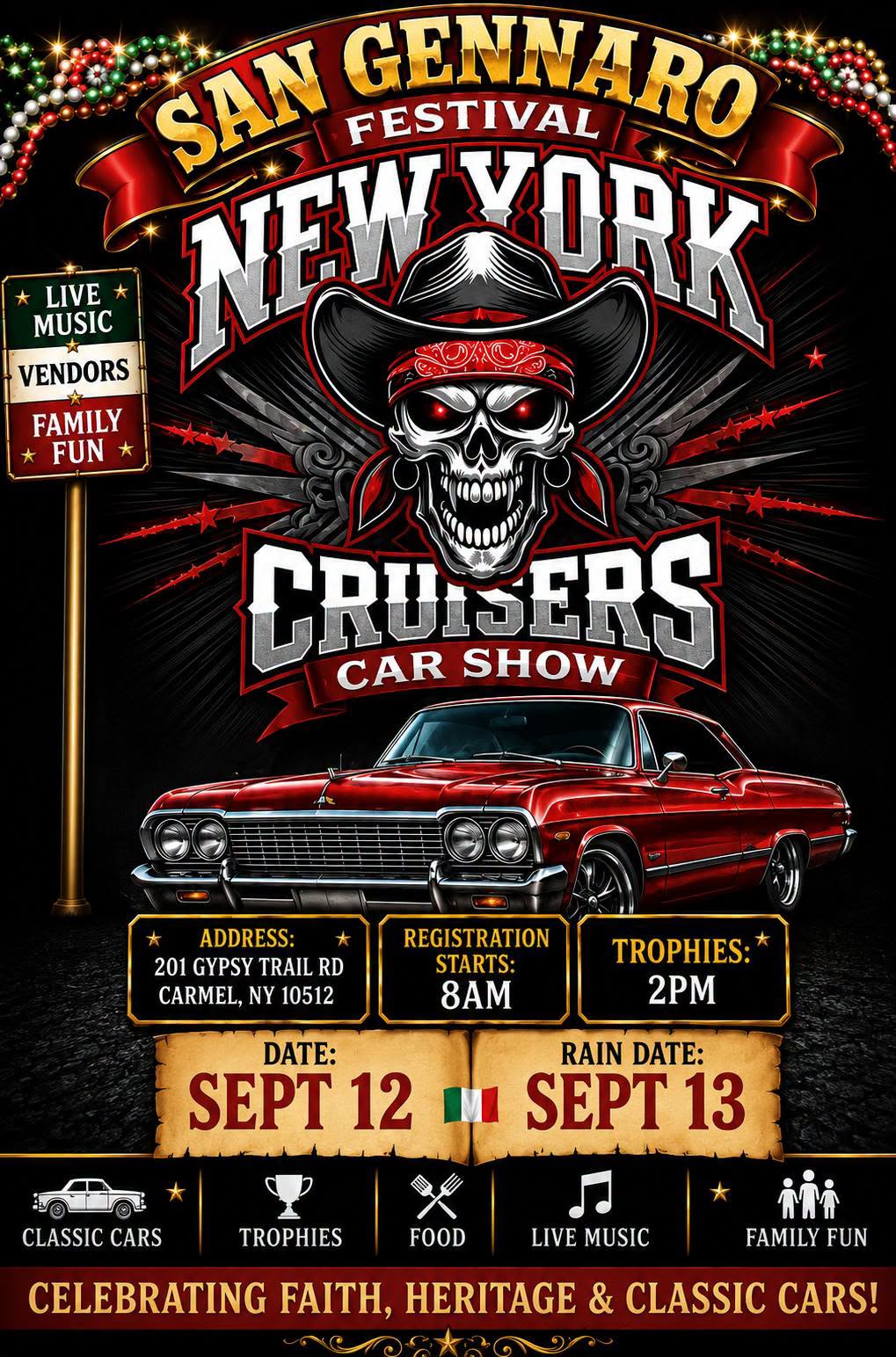 New York Cruisers San Gennaro Festival Car Show event at 201 Gypsy Trail Rd in Carmel, NY on September 12, 2026