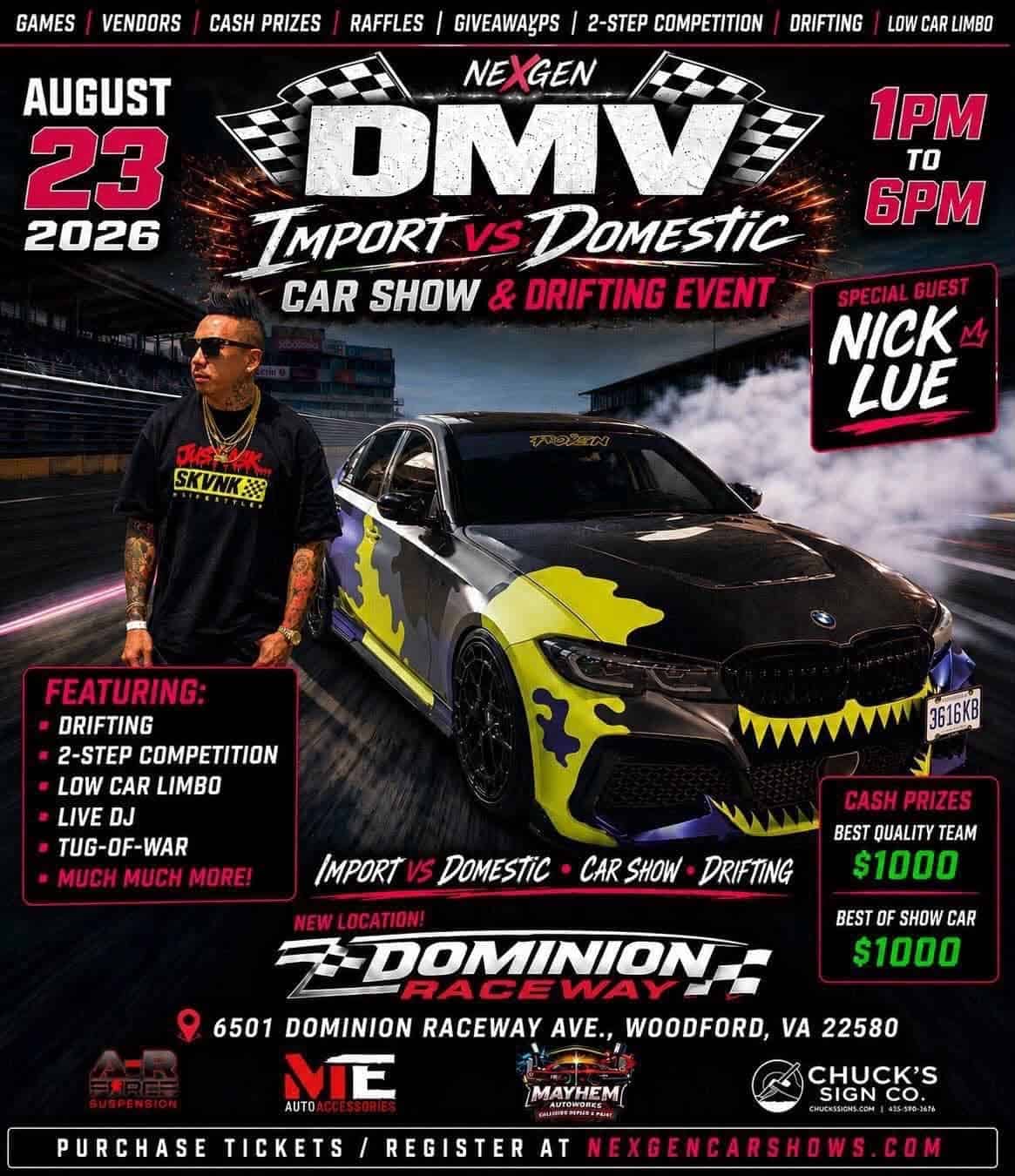 NexGen DMV Import vs Domestic Car Show & Drifting Event event at Dominion Raceway in Woodford, VA on August 23, 2026