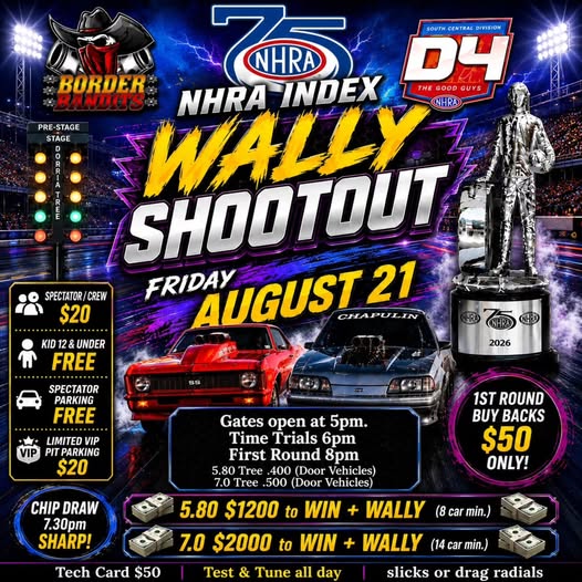 NHRA Index Wally Shootout event at Border Parts in Edinburg, TX on August 21, 2026
