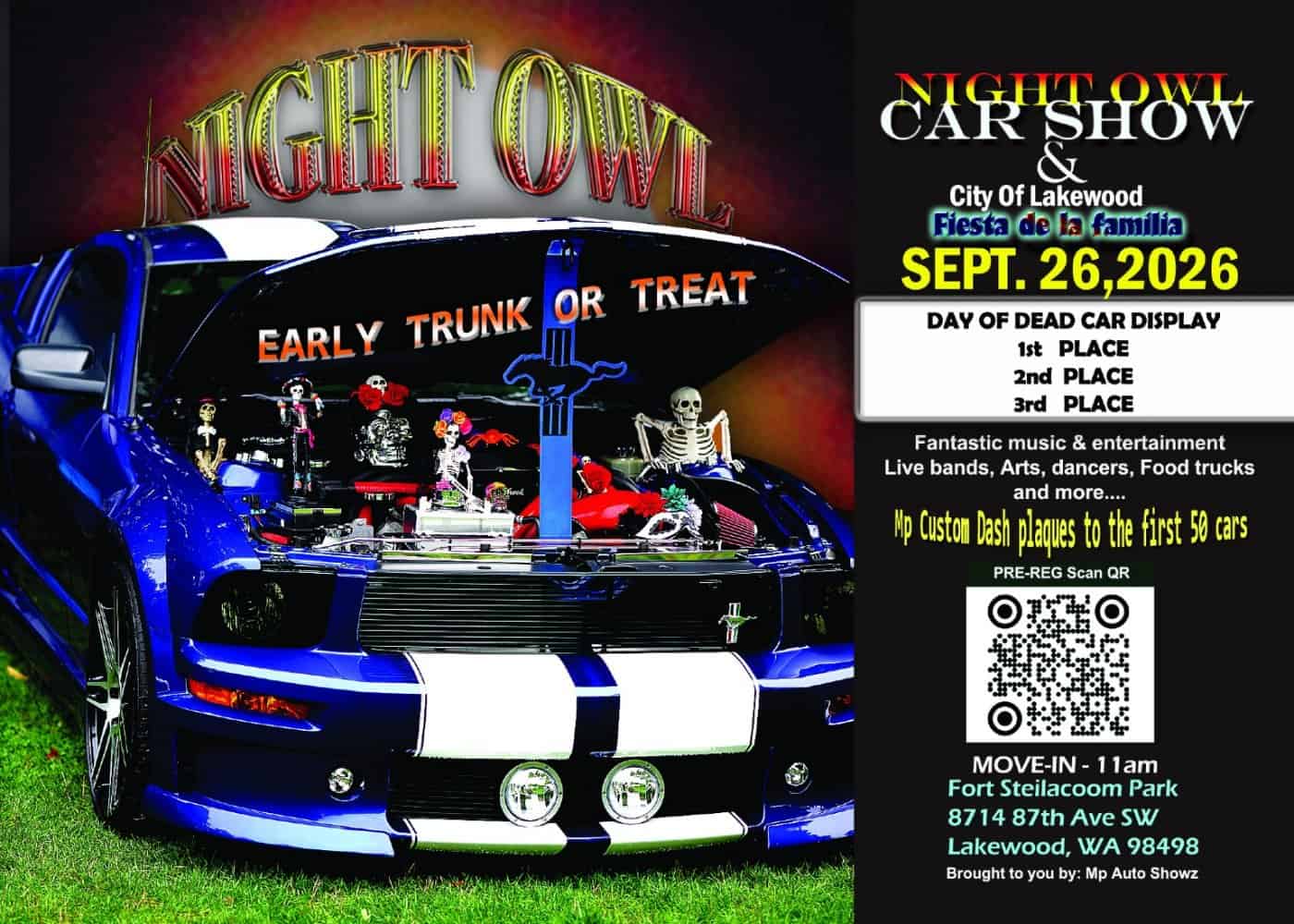Night Owl Car Show event at Fort Steilacoom Park in Lakewood, WA on September 26, 2026