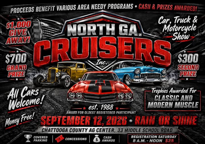 North GA. Cruisers Inc. Car, Truck & Motorcycle Show event at Chattooga County Ag Center in Summerville, GA on September 12, 2026