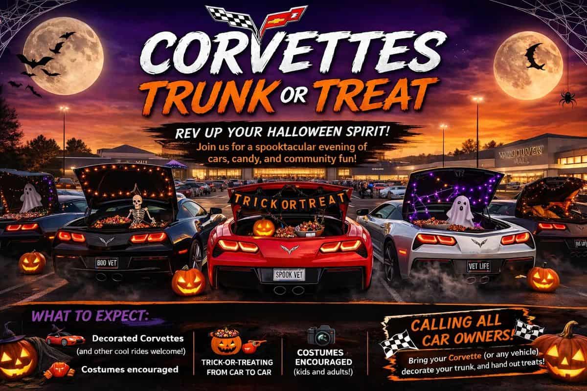NW Corvette Assn Corvettes Trunk or Treat event at Vancouver Mall in Vancouver, WA on October 25, 2026