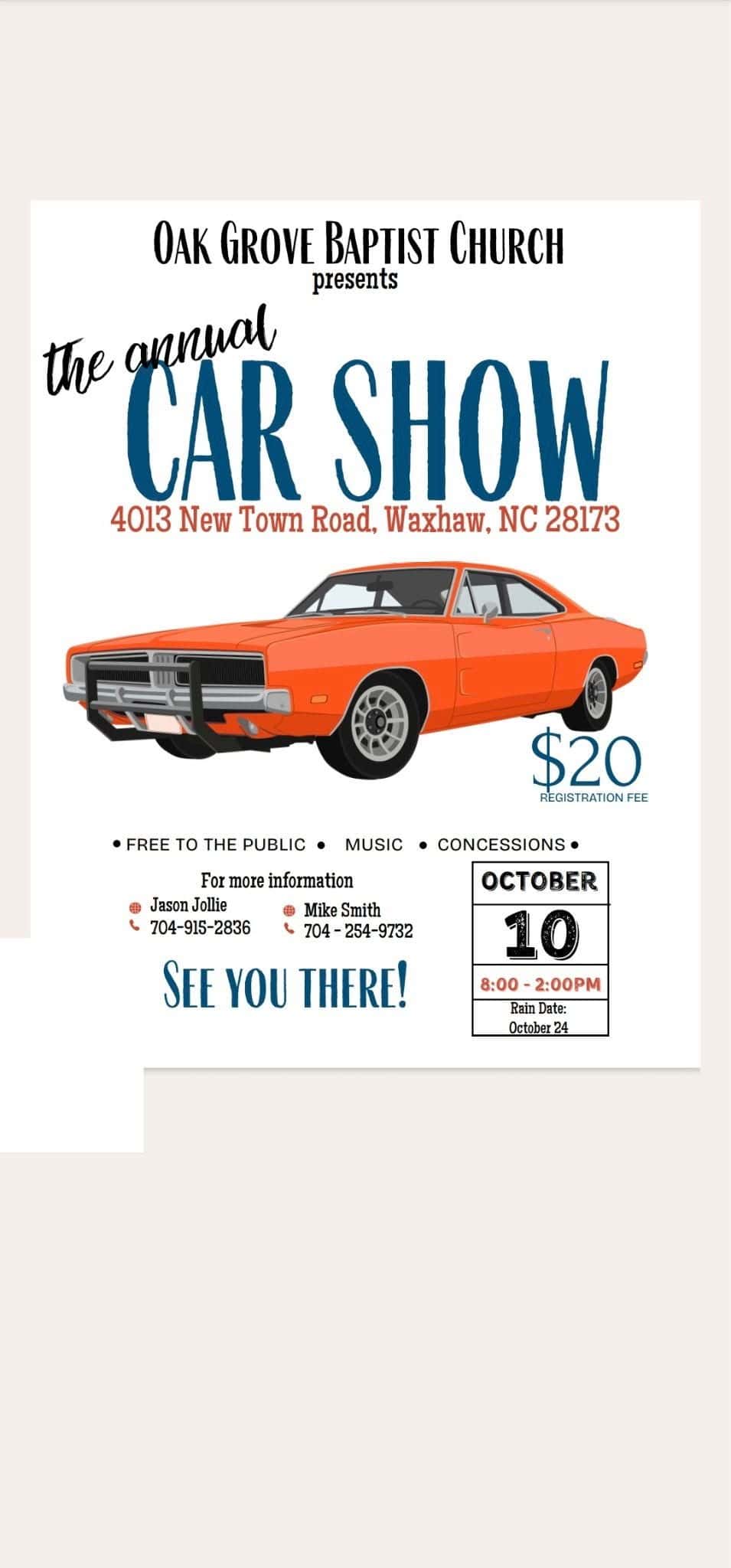 Oak Grove Baptist Church Car Show event at Oak Grove Baptist Church in Waxhaw, NC on October 10, 2026