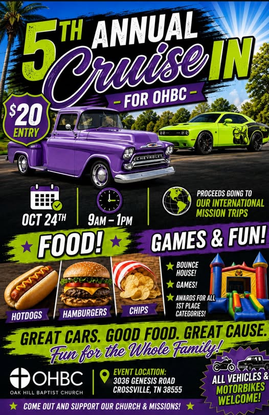 Oak Hill Baptist Church 5th Annual Cruise in event at Oak Hill Baptist Church in Crossville, TN on October 24, 2026