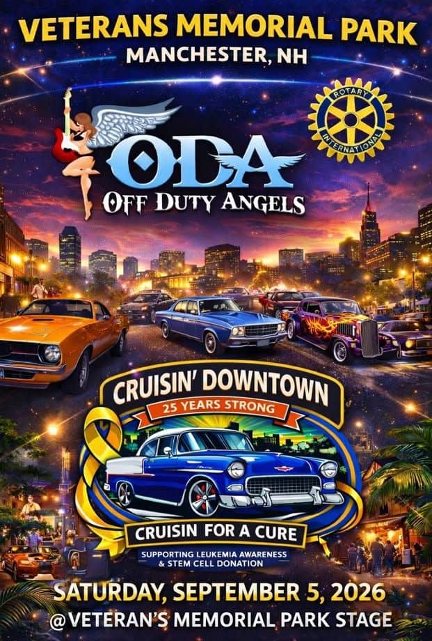 Off Duty Angels Cruisin' Downtown event at Veterans Memorial Park in Manchester, NH on September 5, 2026