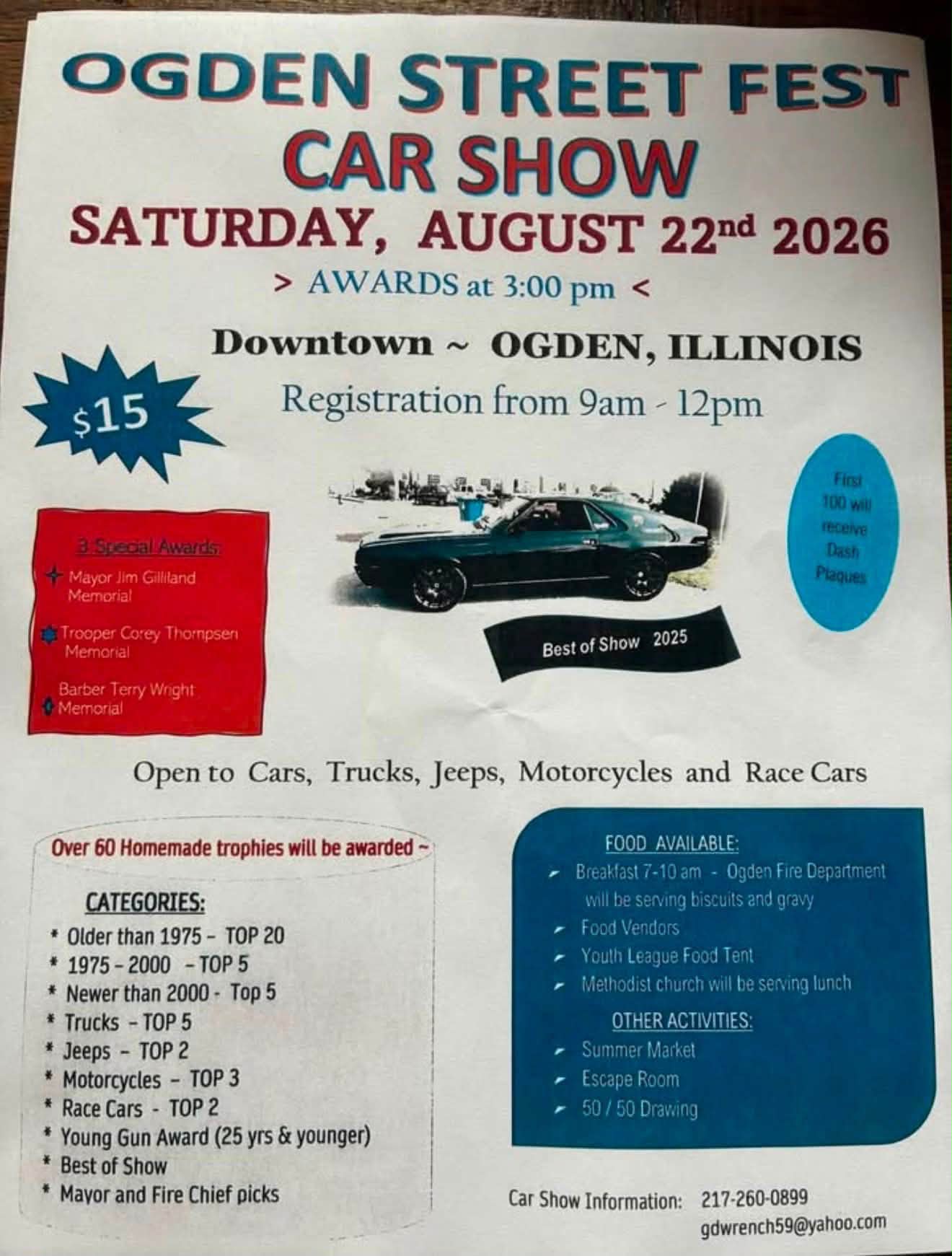 Ogden Street Fest Car Show event at Downtown Ogden in Ogden, IL on August 22, 2026