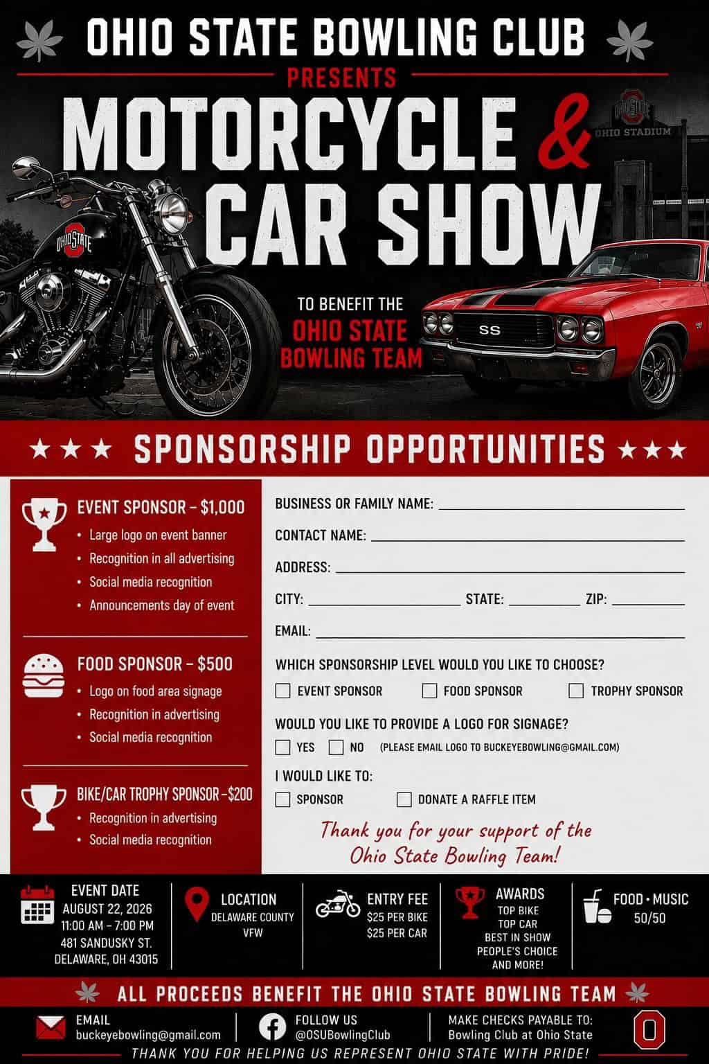 Ohio State Bowling Club Motorcycle & Car Show event at Delaware County VFW in Delaware, OH on August 22, 2026