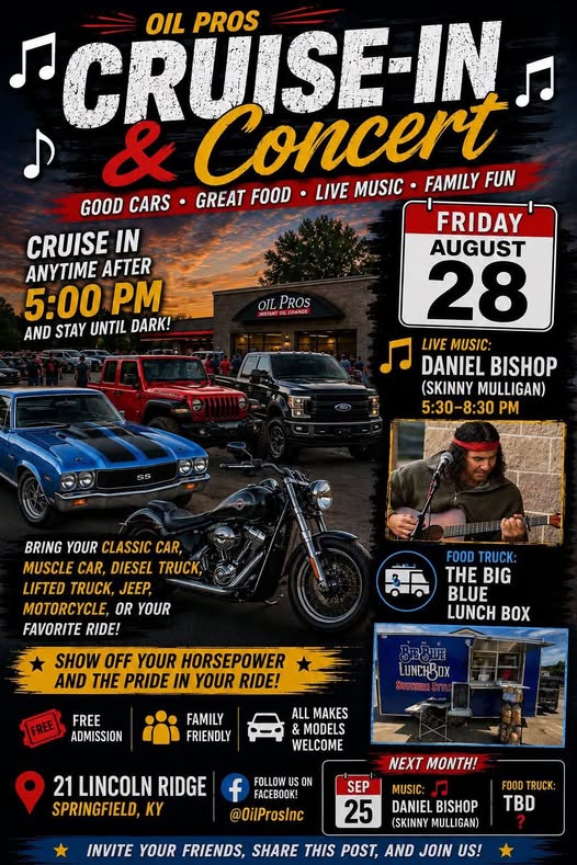Oil Pros Cruise-In Concert event at 21 Lincoln Ridge in Springfield, KY on August 28, 2026