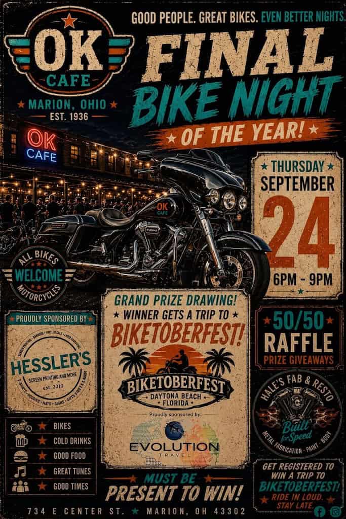 OK Cafe Final Bike Night of the Year car show in Marion, OH