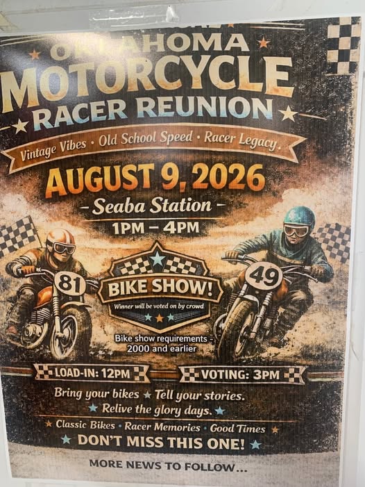 Oklahoma Motorcycle Racer Reunion event at Seaba Station in Warwick, OK on August 9, 2026