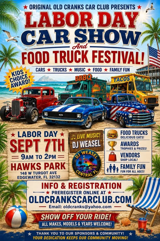 Old Cranks Car Club Labor Day Car Show event at Hawks Park in Edgewater, FL on September 7, 2026