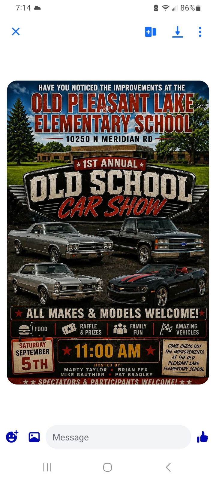 Old School Car Show at Old Pleasant Lake Elementary School event at Old Pleasant Lake Elementary School in Pleasant Lake, MI on September 5, 2026