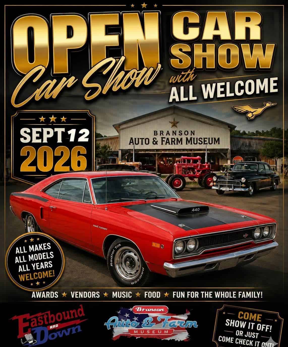 Open Car Show at Branson Auto & Farm Museum event at Branson Auto & Farm Museum in Branson, MO on September 12, 2026