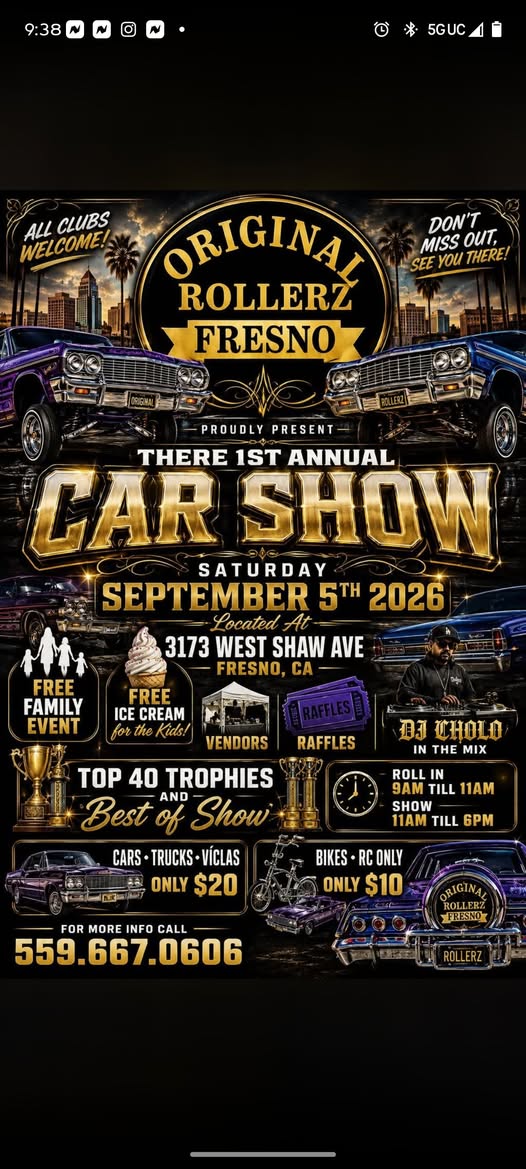 Original Rollerz Fresno 1st Annual Car Show event at 3173 West Shaw Ave in Fresno, CA on September 5, 2026