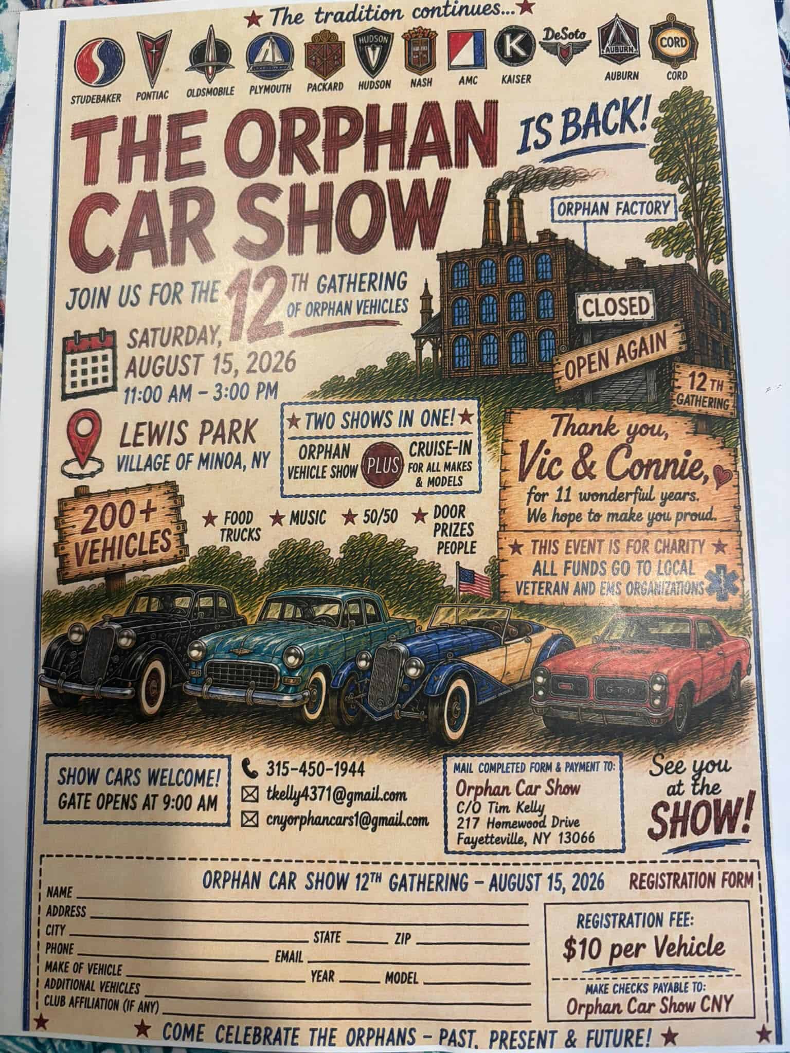 Orphan Car Show 12th Gathering event at Lewis Park in Minoa, NY on August 15, 2026
