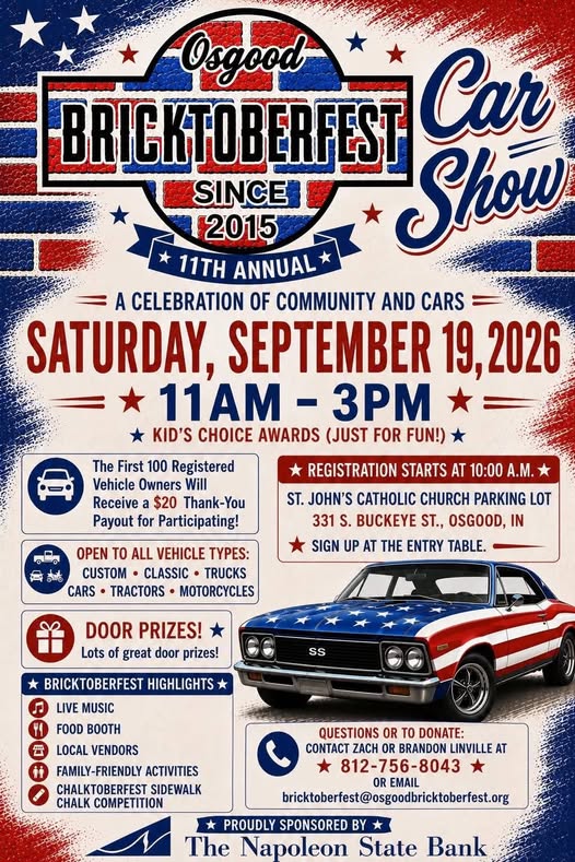 Osgood Bricktoberfest Car Show event at St. John's Catholic Church in Osgood, IN on September 19, 2026