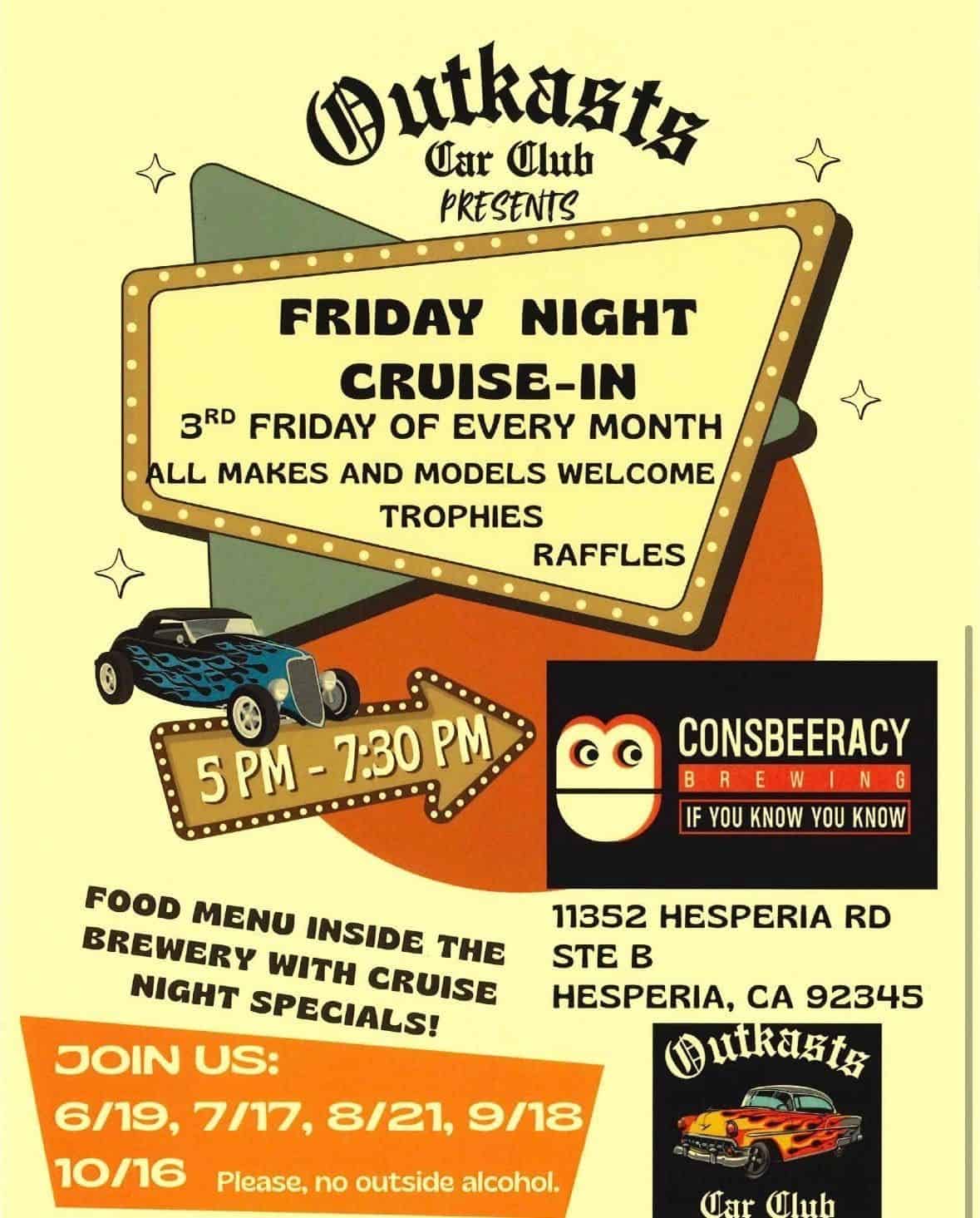 Outkasts Car Club Friday Night Cruise-In event at Consbeeracy Brewing in Hesperia, CA on August 21, 2026