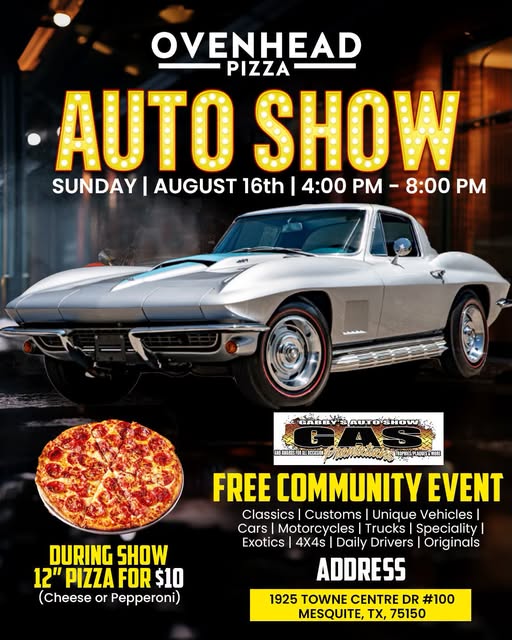 Ovenhead Pizza Auto Show event at Ovenhead Pizza in Mesquite, TX on August 16, 2026