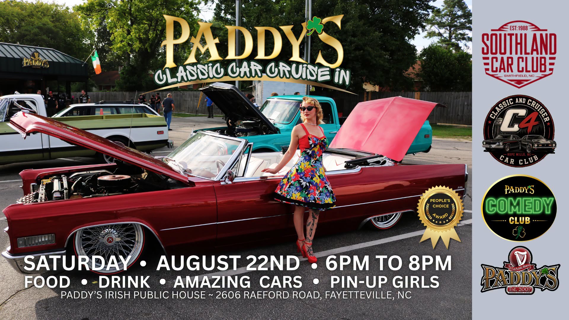 Paddy's Classic Car Cruise-In event at Paddy's Irish Public House in Fayetteville, NC on August 22, 2026