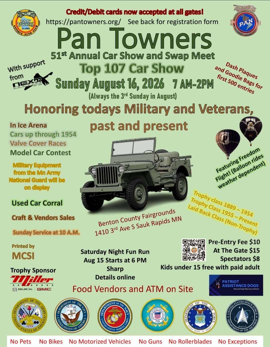 Pan Towners 51st Annual Car Show and Swap Meet event at Benton County Fairgrounds in Sauk Rapids, MN on August 16, 2026