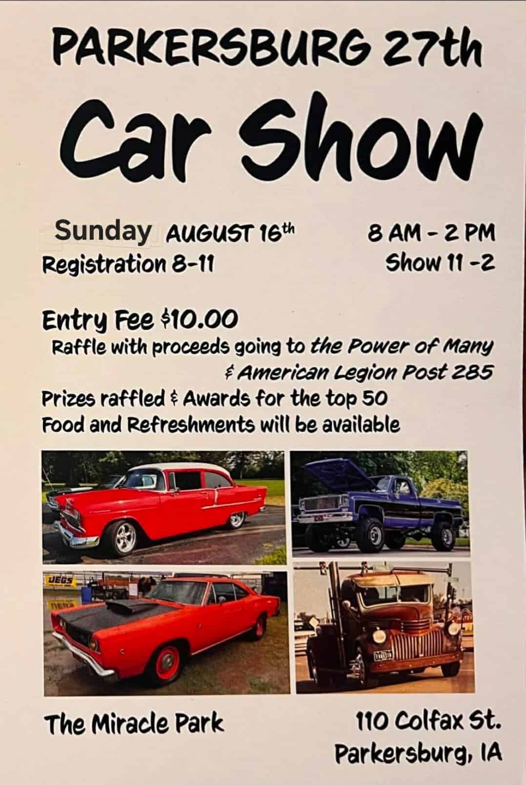 Parkersburg 27th Car Show event at The Miracle Park in Parkersburg, IA on August 16, 2026