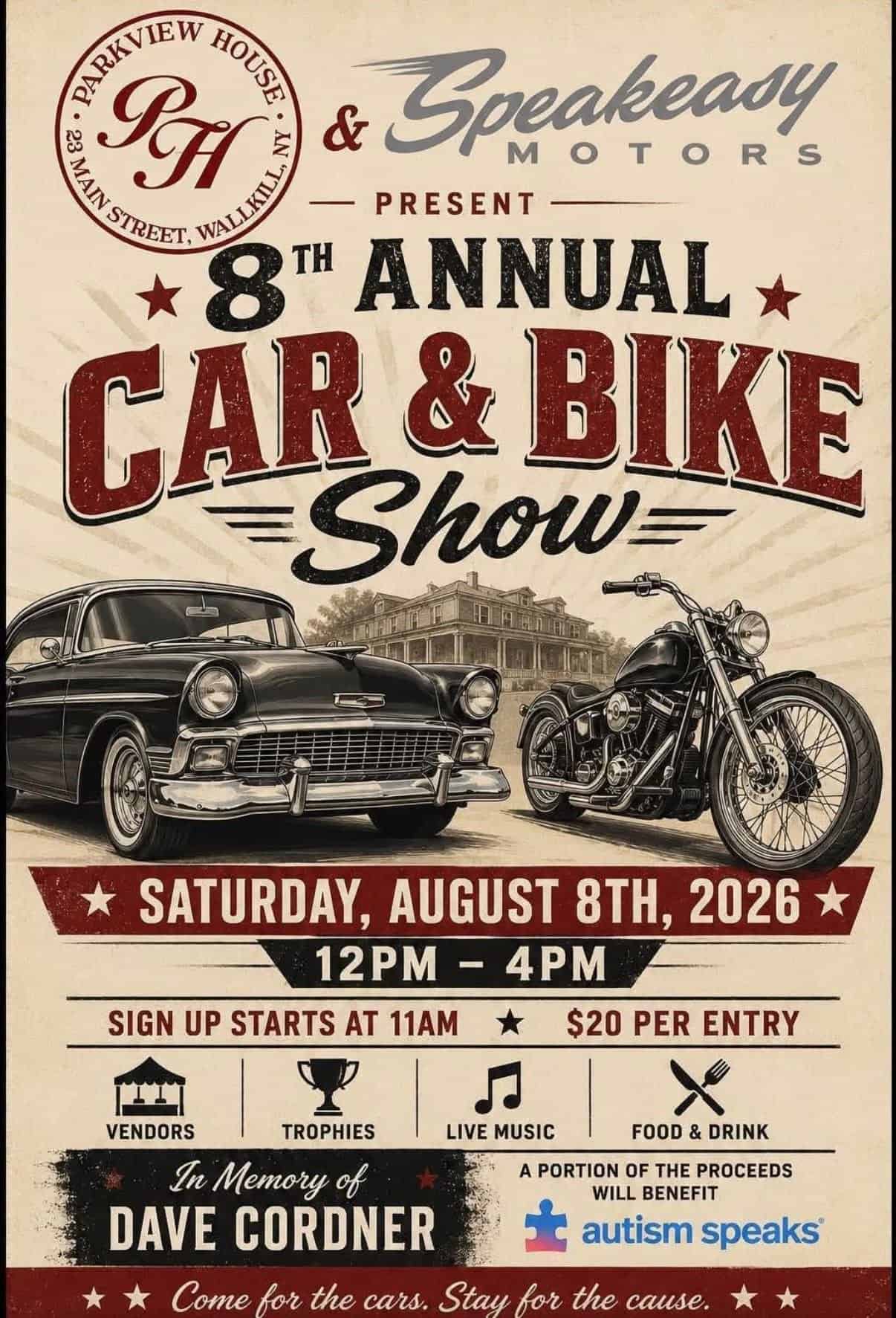 Parkview House and Speakeasy Motors 8th Annual Car & Bike Show event at Parkview House in Wallerton, NY on August 8, 2026