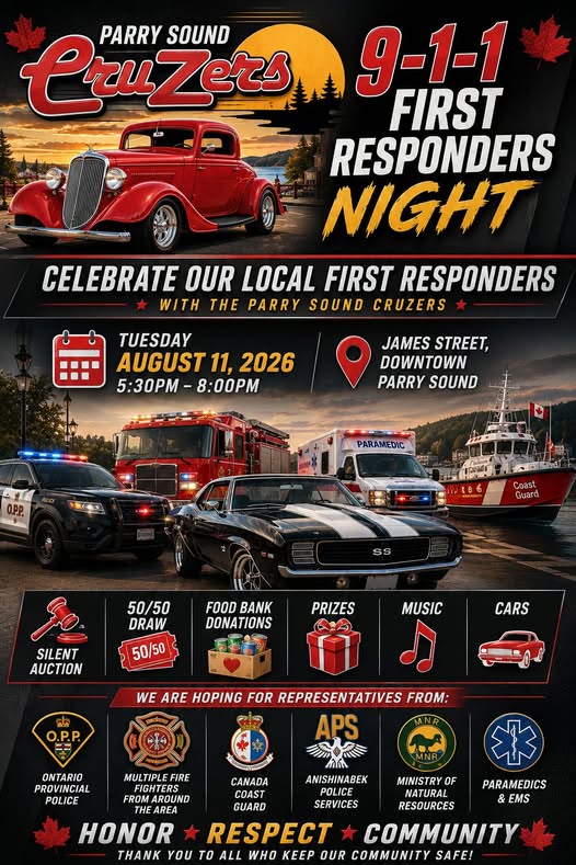 Parry Sound CruZers 9-1-1 First Responders Night event at Downtown Parry Sound in Parry Sound, ON on August 11, 2026