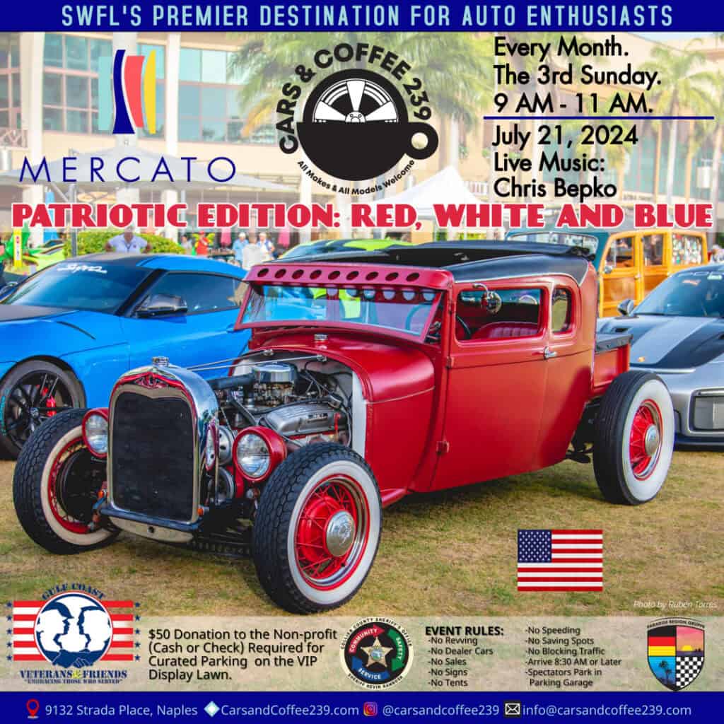 Patriotic Edition: Red, White and Blue Cars & Coffee event at Mercato in Naples, FL on August 16, 2026