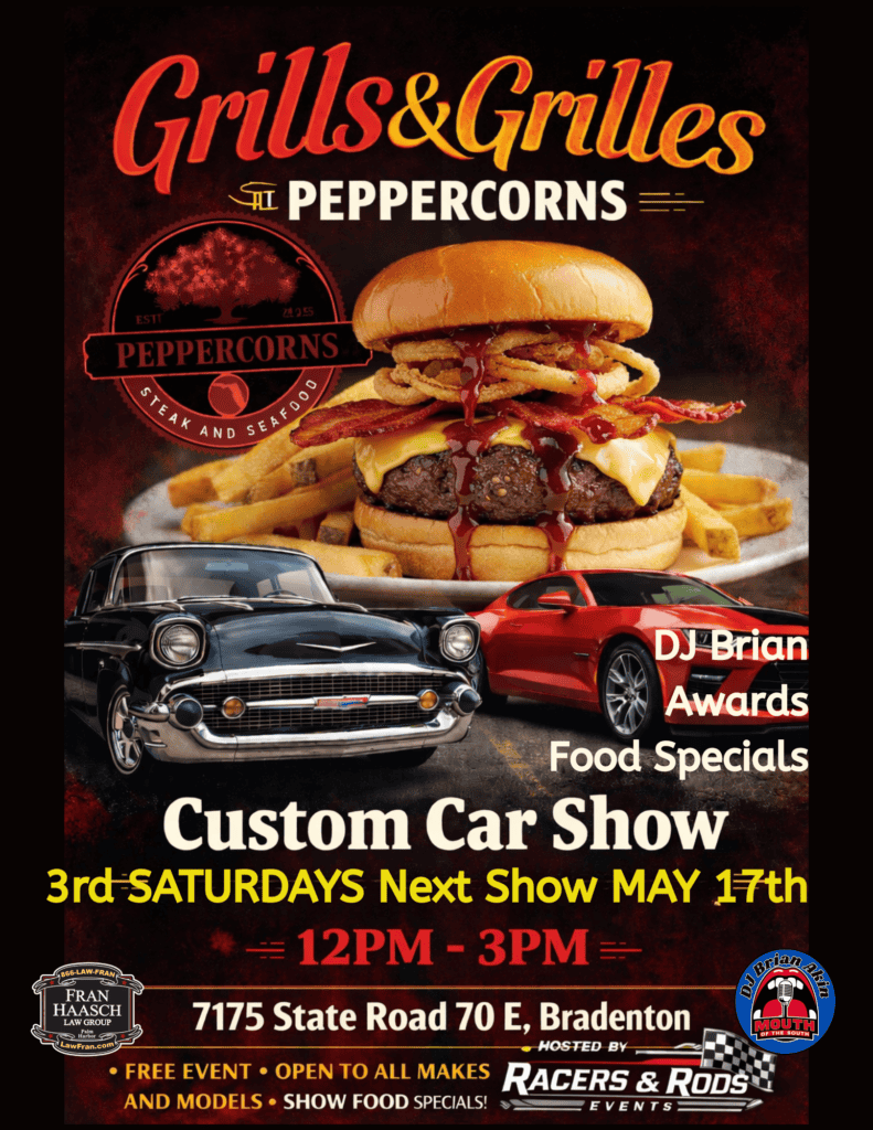 Peppercorns Grills & Grilles Custom Car Show event at Peppercorns in Bradenton, FL on August 15, 2026