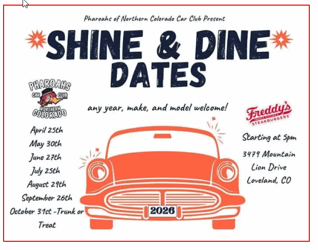 Pharaohs of Northern Colorado Car Club Shine & Dine event at Freddy's Steakburgers in Loveland, CO on August 29, 2026