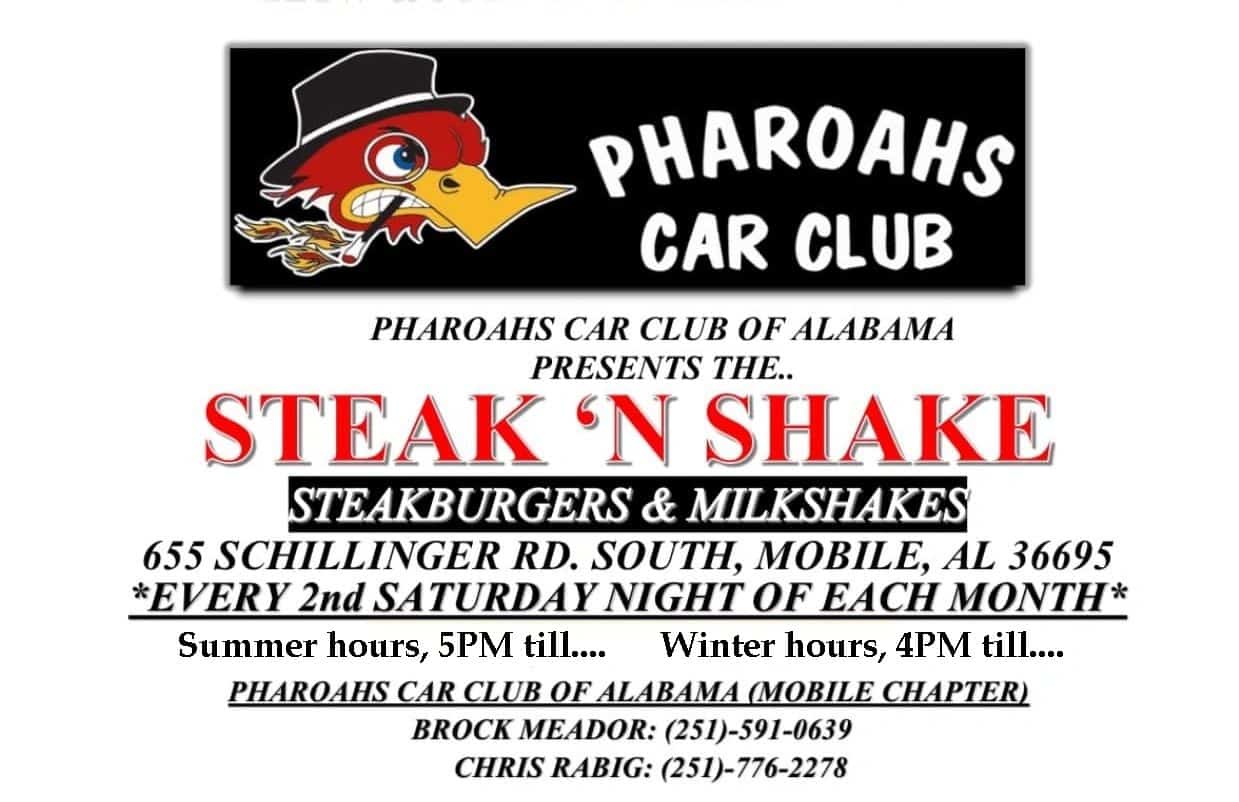Pharoahs Car Club Steak 'n Shake Car Meet event at Steak 'n Shake in Mobile, AL on September 12, 2026