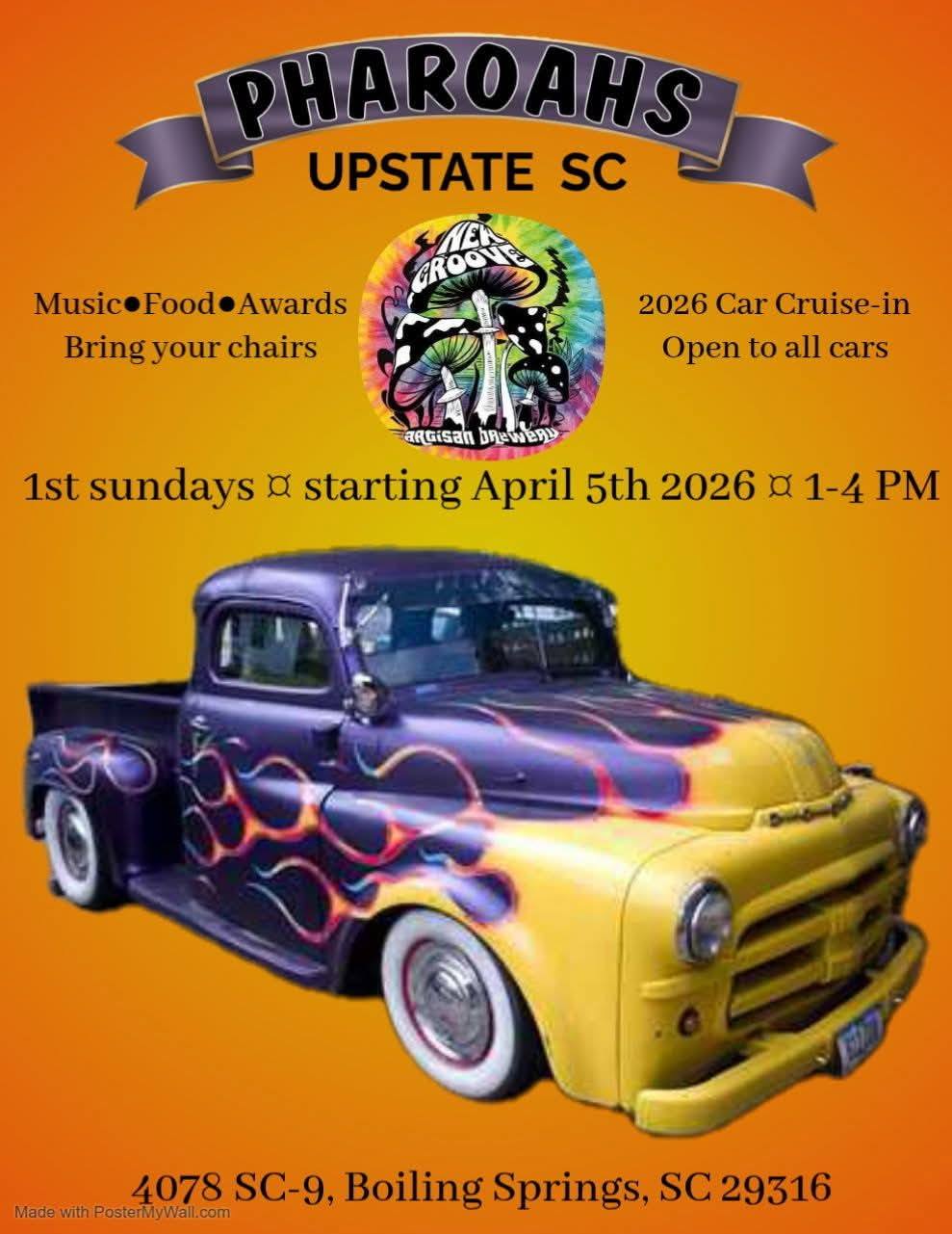 Pharoahs Upstate SC Car Cruise-In event at New Groove Artisan Brewery in Boiling Springs, SC on September 6, 2026